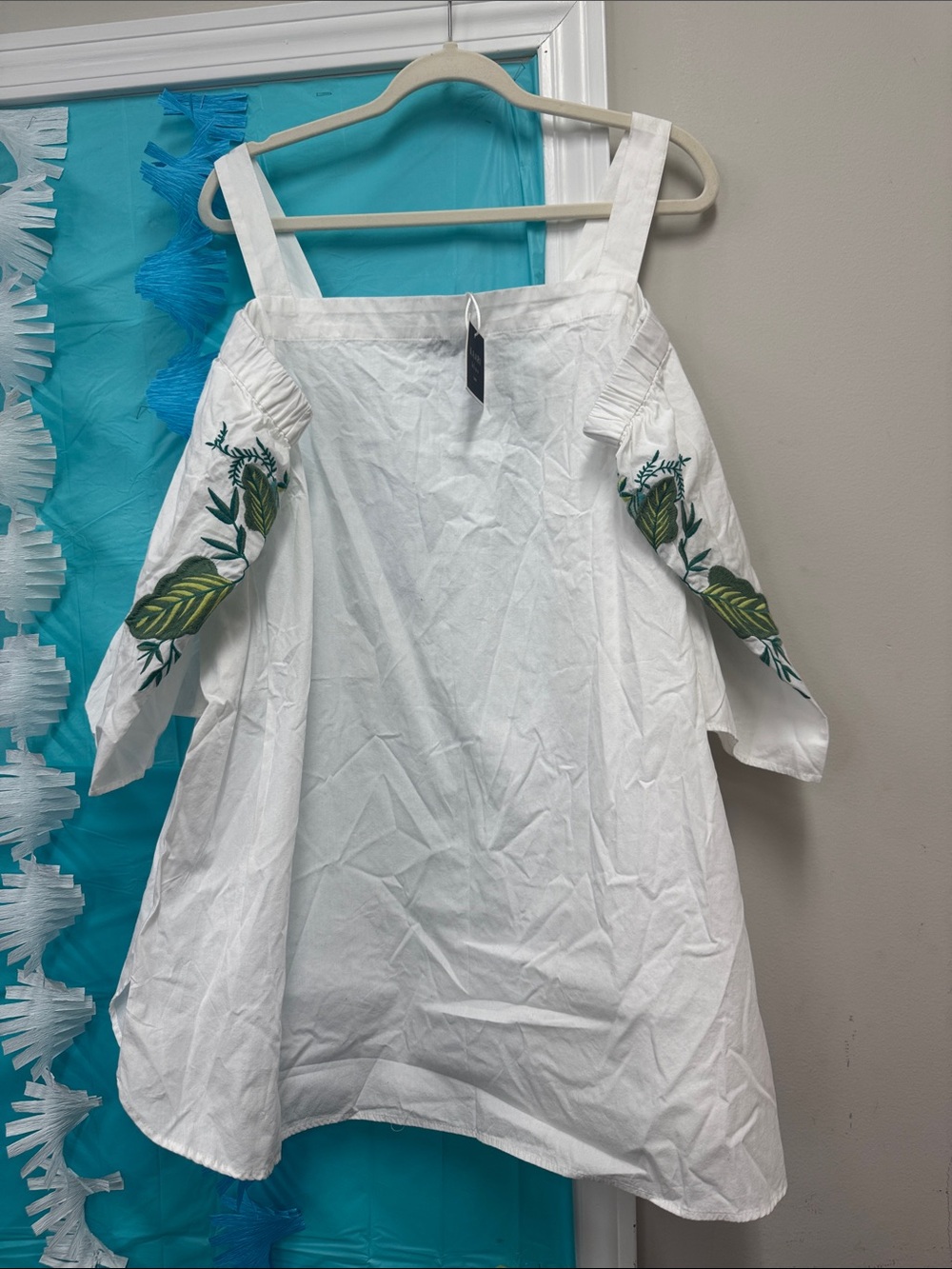 Kaari Blue White Off-Shoulder Blouse with Green Leaf Embroidery